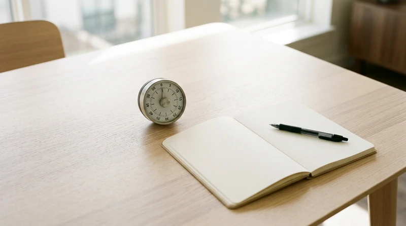 Overhead view of a minimal desk with an analog timer, open notebook, and single pen — tools for an intentional study block
