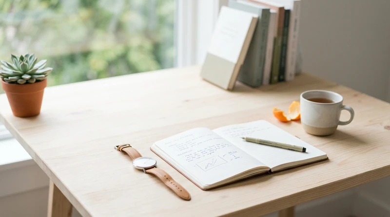 A minimal desk with an analog timer and open notebook, conveying focused study intentionality