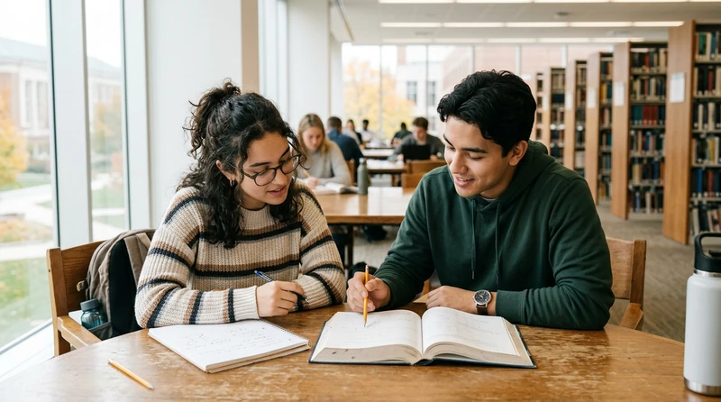 A college student and peer tutor working together at a campus library table over an open textbook
