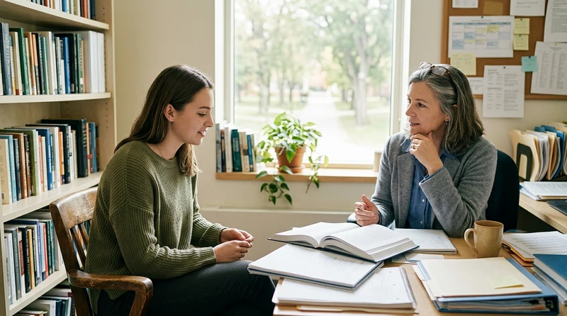 College student speaking with an academic advisor in a bright campus office