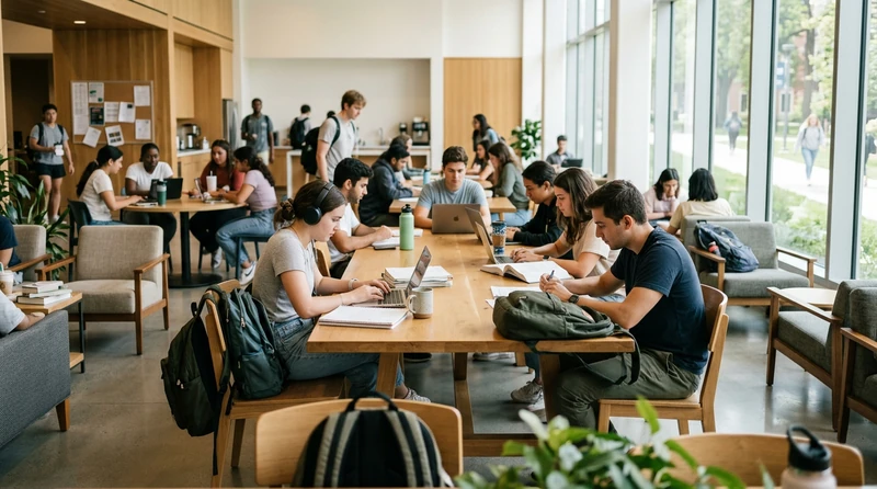 A campus commuter lounge with students working at shared tables, backpacks on chairs, and natural light from large windows