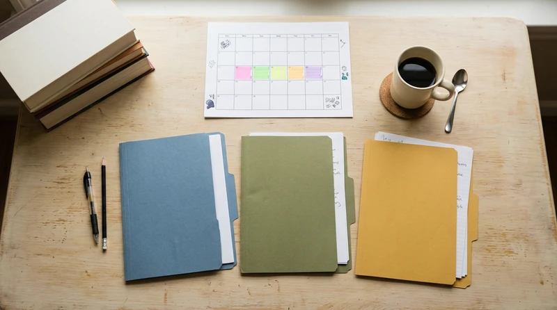 A student's desk photographed from above, showing three labeled folders, a calendar with highlighted due dates, and a cup of coffee on a clean wooden surface