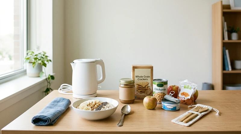 A tidy dorm desk with a small kettle, a bowl of overnight oats topped with banana, and neatly arranged shelf-stable pantry items including nut butter, crackers, and canned goods