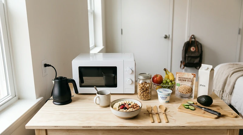 A neatly arranged dorm desk with a microwave, mini-fridge essentials, and healthy snacks