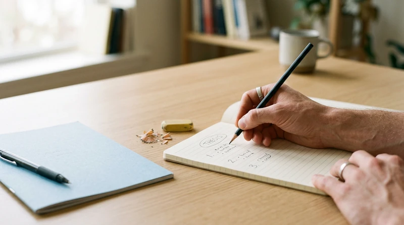 A student's hand sketching a quick essay outline with thesis and three numbered points on a blank notepad next to a closed exam booklet
