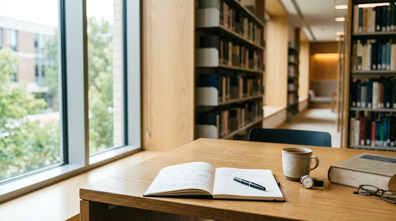 A well-lit university exam hall with wooden desks and exam booklets ready for a timed essay