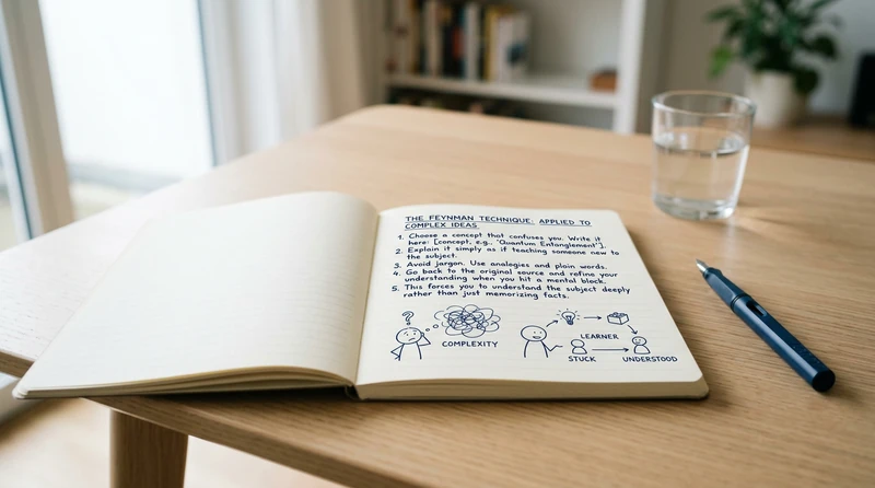 A blank notebook page with a single concept written at the top and a plain-language explanation below, surrounded by simple diagrams