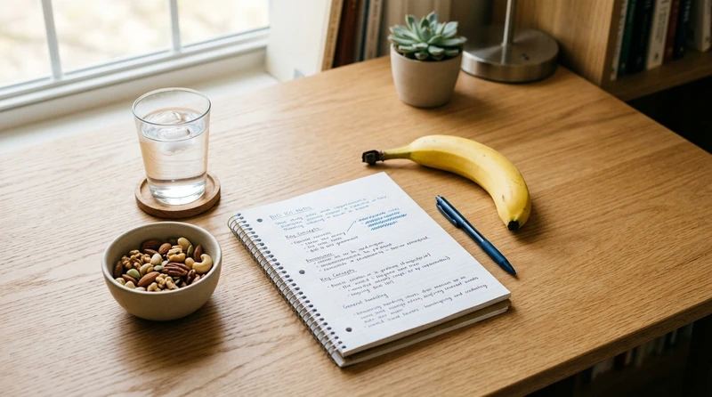 A flat-lay of a dorm desk with a glass of water, a small bowl of mixed nuts, a banana, and an open notebook — practical study snacks arranged simply on a wooden surface