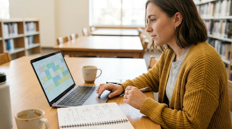 A student at a shared desk reviewing a color-coded group project timeline on a laptop next to a notebook with task assignments written out by hand