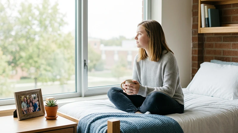 A college student sitting on a dorm room bed with a framed photo and small plant on the windowsill, looking outside thoughtfully