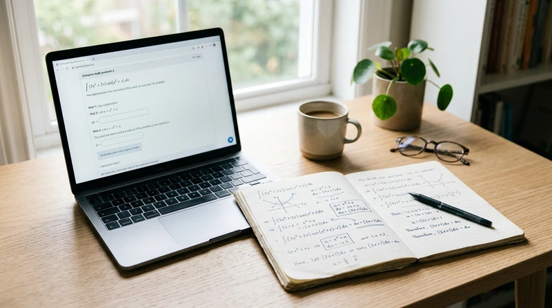 Handwritten notes beside a laptop displaying an online homework problem with the hints panel open