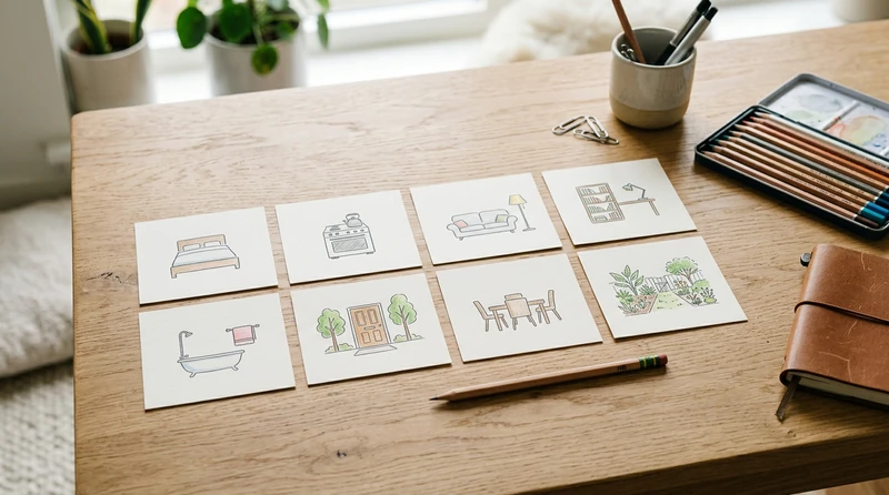 Index cards arranged in a spatial grid on a wooden desk, each labeled with a room name and a small drawn symbol, illustrating the memory palace technique