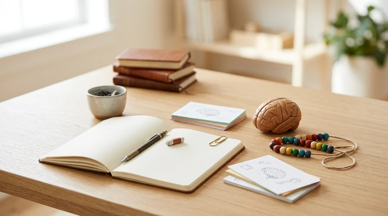 Study materials including index cards, a pen, and a notebook arranged neatly on a desk for memorization practice