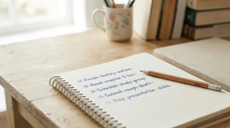 Close-up of a student's notebook with a handwritten checklist, several items crossed off, and a pencil resting on the page