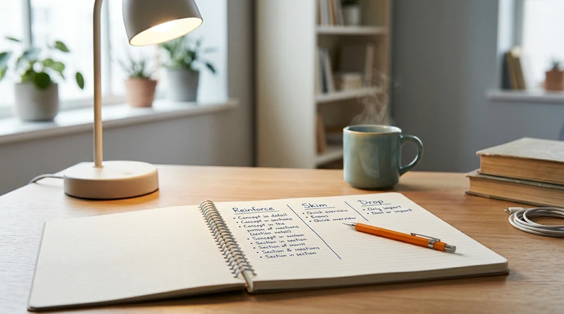 A student's notebook open on a desk showing a handwritten triage list dividing study topics into three columns labeled Reinforce, Skim, and Drop, with a lamp casting warm light