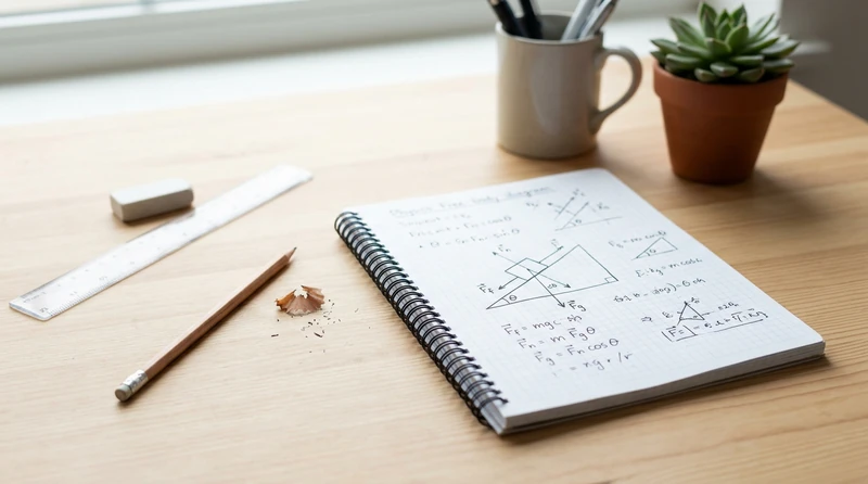 A spiral notebook open to a physics free-body diagram with handwritten formula annotations in the margin, alongside a ruler and pencil on a plain desk