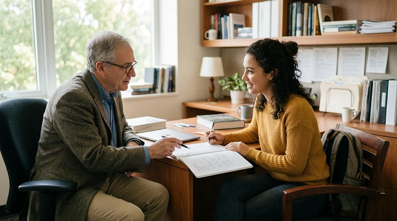 A student sitting across a desk from a professor in a small academic office, both looking at an open notebook