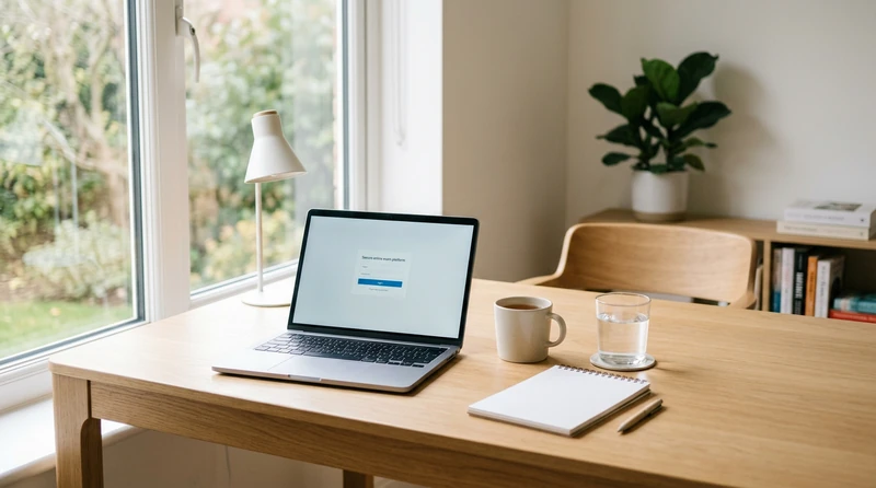 A clean, uncluttered desk with a laptop open and soft lamp lighting illuminating the user's face — the ideal setup for an online proctored exam