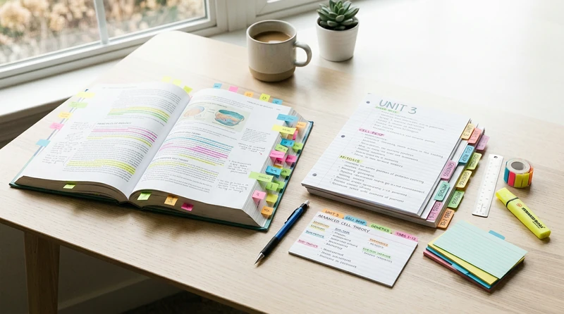 Flat-lay of tabbed and indexed study notes with a custom topic index card and colour-coded sticky-note flags beside an open textbook