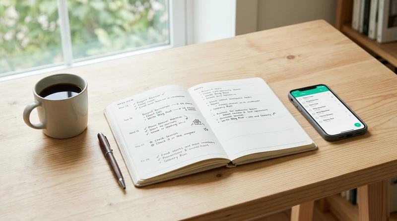 A flat-lay of an open weekly paper planner beside a smartphone showing a task management app on a clean wooden desk