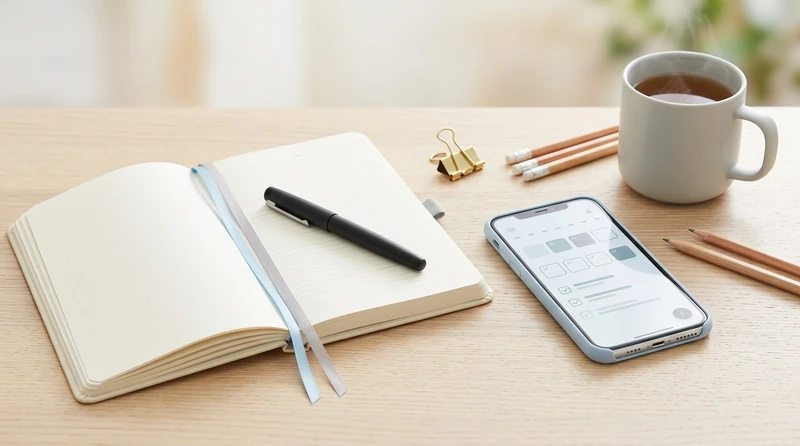 A paper planner and a smartphone with a task management app side by side on a clean desk