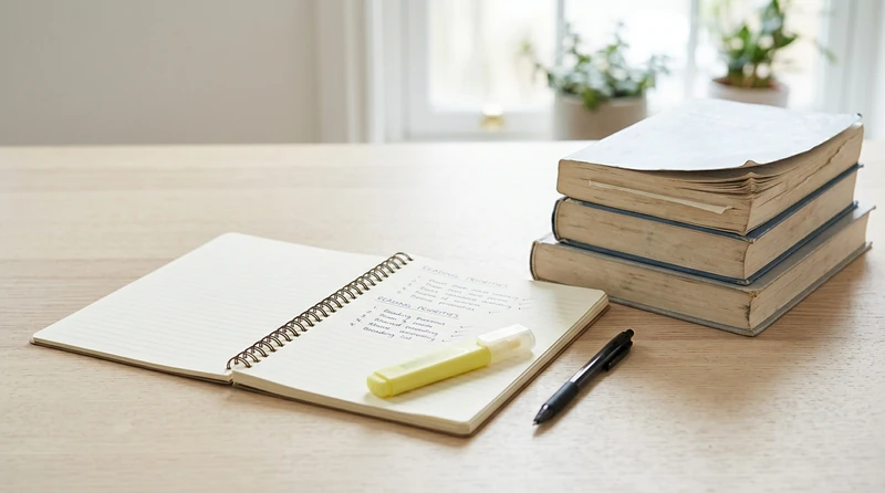 An open notebook with a handwritten reading triage list beside a stack of dog-eared academic books and a single highlighter