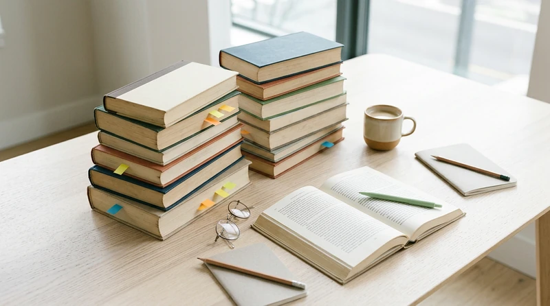 A tidy desk with stacked academic textbooks, open notebooks, and a reading schedule laid out beside a cup of coffee