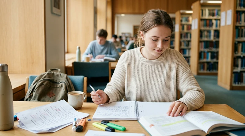 A college student sitting at a desk with a graded exam in hand, taking a calm breath and reviewing their syllabus with a notebook and pen nearby