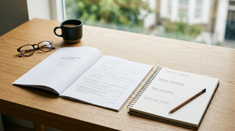 A graded exam paper spread on a desk beside a notepad with four error categories written in clear handwriting