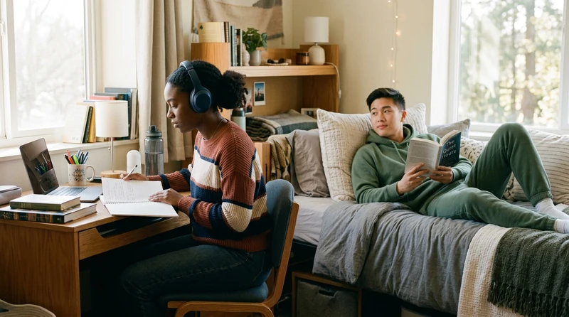 Two college students sharing a dorm room — one studying with headphones while the other relaxes, both coexisting peacefully