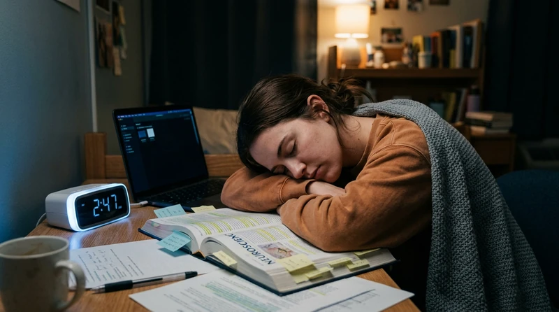 A dim bedroom with a glowing alarm clock beside an open textbook, the quiet tension of a student choosing between studying and sleep