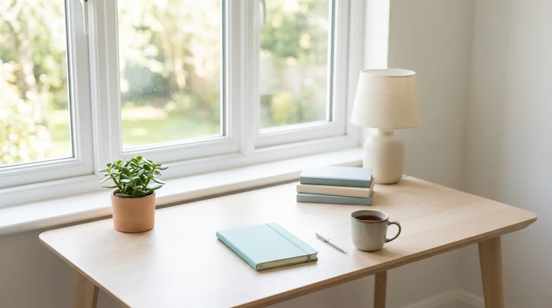 A student returning their focus to an assignment at a bright desk