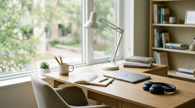 A clean college desk with a task lamp, open notebook, and laptop positioned near a window with soft natural light and headphones resting to the side