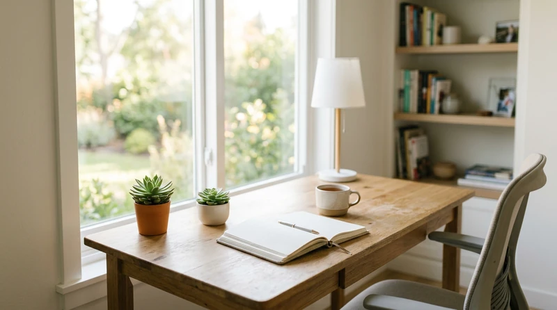 A well-organized college study space with warm natural light and a clear desk surface