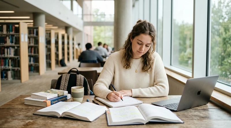 A college student studying calmly for final exams at a tidy desk