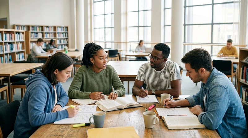 Four college students seated around a library table with open notebooks and highlighters, actively discussing course material