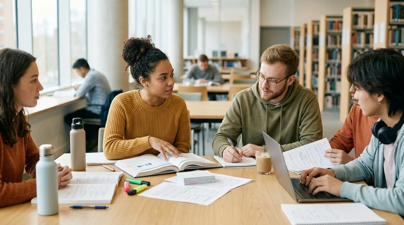 Students collaborating at a library table in a structured study group session