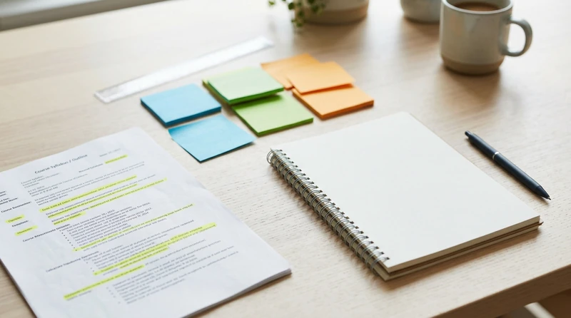 A flat-lay of a desk with a highlighted syllabus, color-coded sticky notes sorted by topic priority, and a nearly blank notebook open to the first page of a new study guide
