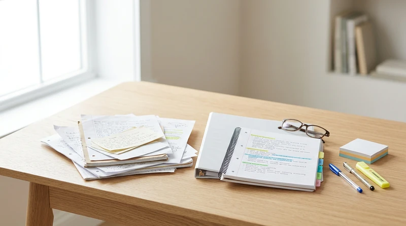 A neatly arranged study desk with organized notes, color-coded folders, and a blank notebook ready for a new study guide