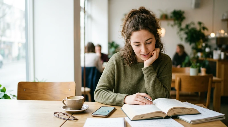 A college student at a café table with a textbook open and a phone timer beside a coffee cup, looking focused but relaxed