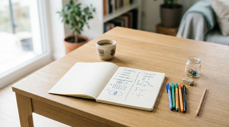 A notebook open to a hand-drawn diagram separating concept and calculation columns for a statistics topic, with coloured pens on a clean desk