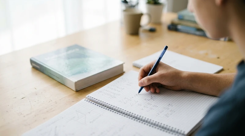 A student's hand writing out a math problem step-by-step on graph paper, with a worked example nearby but closed