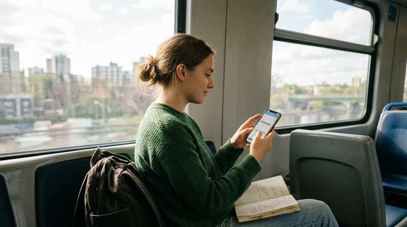 A student on a commuter train reviewing flashcards on a phone, with a city passing outside the window