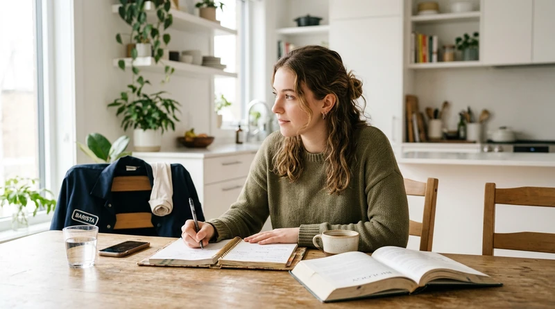 A college student reviewing a paper planner at a kitchen table with a work uniform jacket hung on the back of the chair