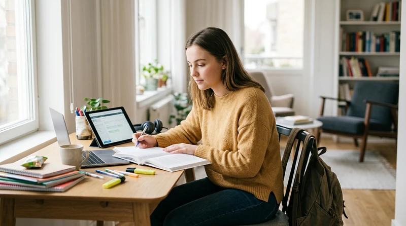 A college student working at a laptop with textbooks open beside a work schedule on the desk