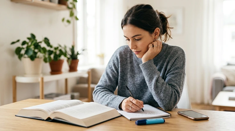 A smartphone lying face-down on a wooden desk beside a notebook and highlighters, showing a minimalist study setup with the phone clearly deprioritized