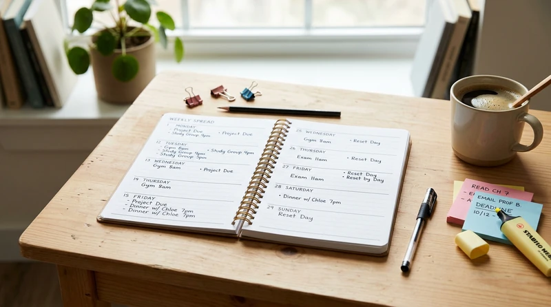 A flat-lay of a weekly paper planner open to a filled-in week, surrounded by a highlighter, sticky notes with deadlines, and a cup of coffee on a wooden desk