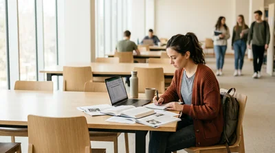 College students collaborating on a group project at a shared workspace